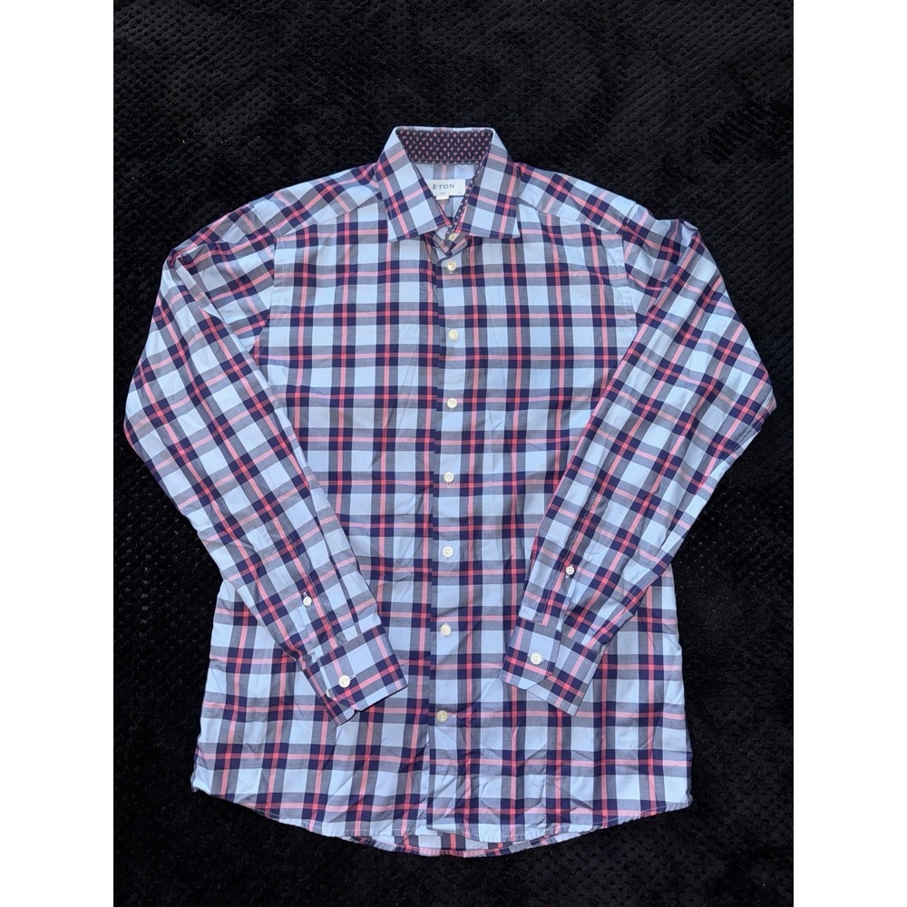 Eton Shirt Mens Plaid Slim Fit Button Up Long Sleeve Size Large‎